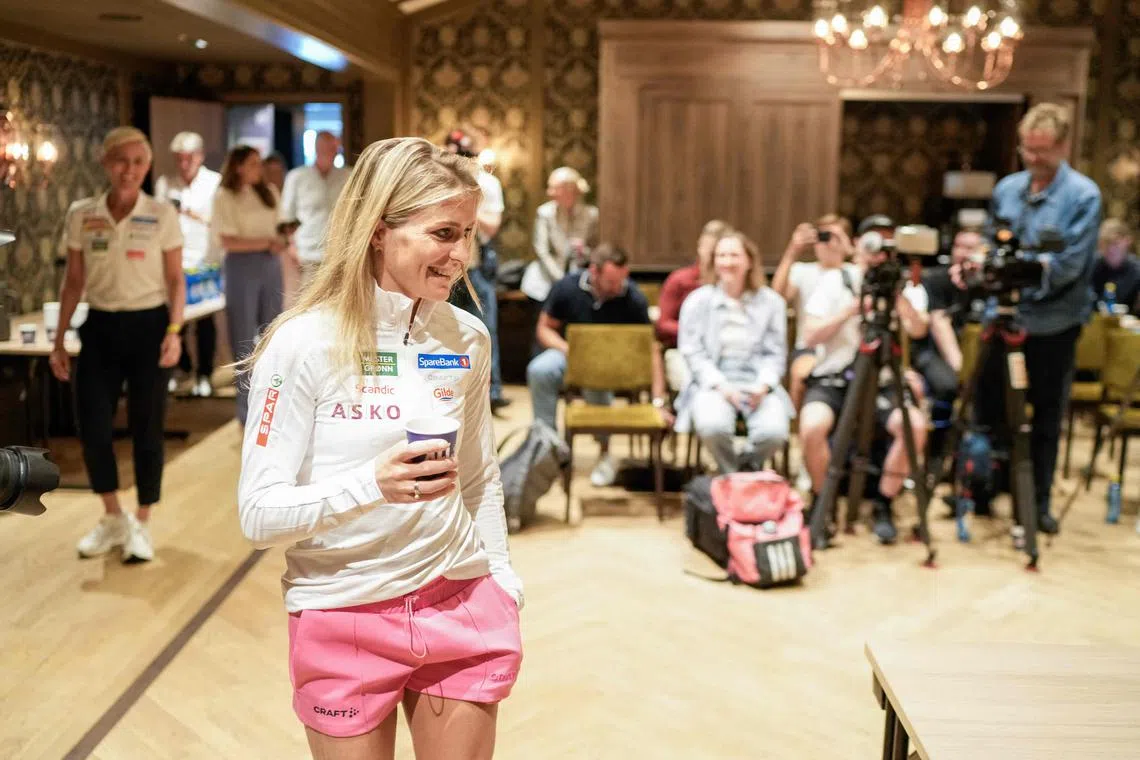 Norwegian cross-country skier Therese Johaug arrives to give a press conference at Holmenkollen Park in Oslo, Norway, on Aug 7, 2024, where she announced her comeback.