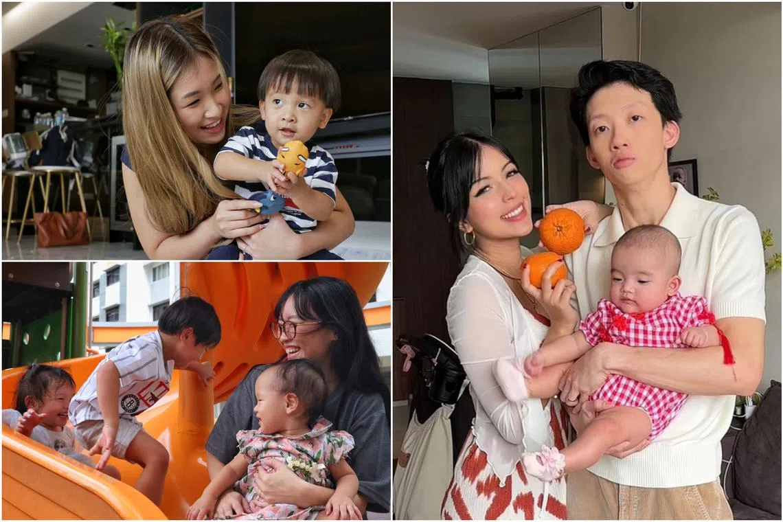 (Clockwise from top left) Gen Z moms Ms Louisa Iswahyudi, Ms Khairun Nisa and Ms Mavis Huang with their families.