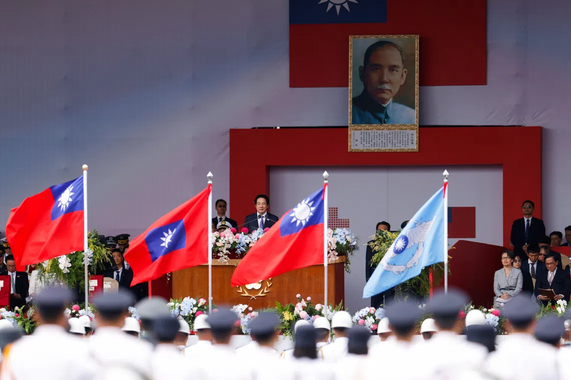 Taiwan President Lai Ching-te speaking during National Day celebrations in Taipei on Oct 10.