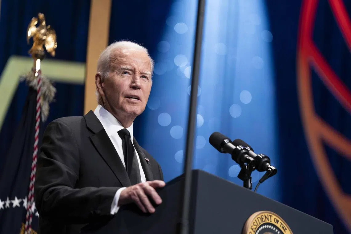 US President Joe Biden speaking during the 2023 Phoenix Awards Dinner at the Washington Convention Center in Washington, DC, on Saturday. 