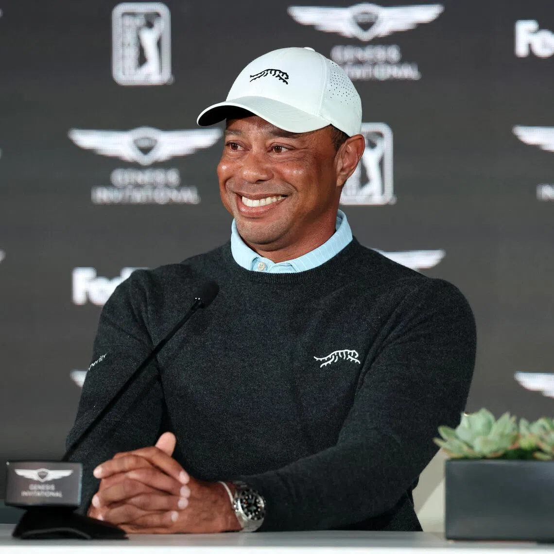 Genesis Invitational tournament host Tiger Woods speaking to the media during a press conference at The Riviera Country Club at Pacific Palisades in California on Feb 17, 2026.
