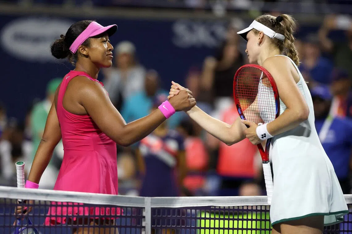 Naomi Osaka of Japan (left) congratulates Elena Rybakina of Kazakhstan after their match during the quarterfinals on day 10 of the National Bank Open Presented by Rogers in Toronto, Ontario.