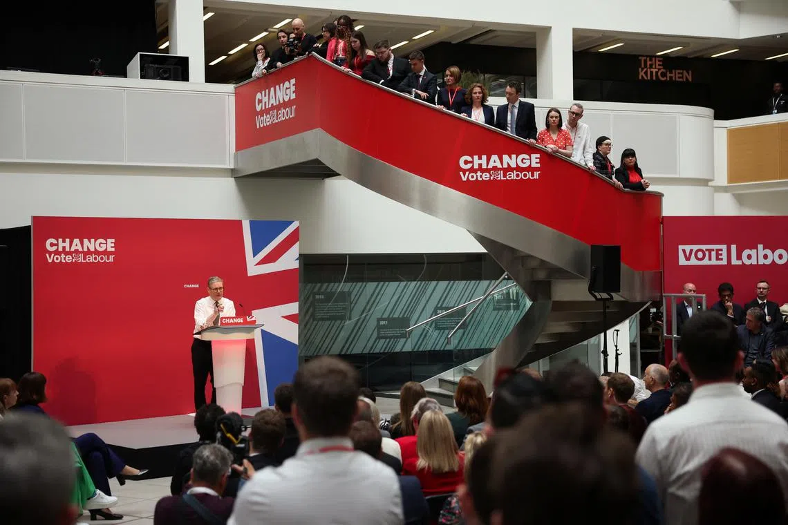 British opposition Labour Party leader Keir Starmer speaks at the launch of the Labour Party's manifesto, in Manchester, Britain, June 13, 2024. REUTERS/Phil Noble