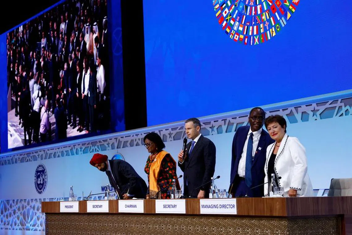 World Bank President Ajay Banga, World Bank Secretary Mercy Tembon, Ukraine Minister of Finance Serhiy Marchenko, International Monetary Fund (IMF) Secretary Ceda Ogada and Managing Director of the International Monetary Fund (IMF), Kristalina Georgieva preside over the annual meeting's plenary during the annual meetings of the International Monetary Fund and the World Bank, following last month's deadly earthquake, in Marrakech, Morocco, October 13, 2023. REUTERS/Susana Vera/File Photo