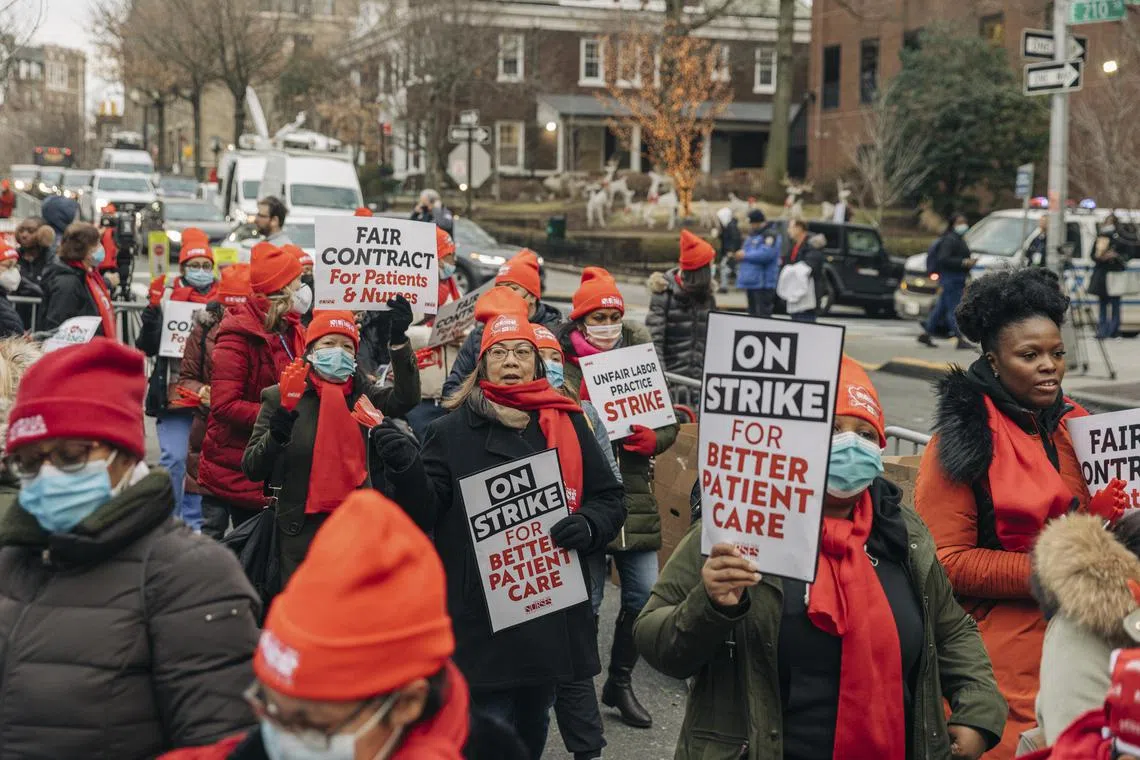 Nurses strike outside Montefiore Medical Centre in the Bronx borough of New York, on Jan 10, 2023.