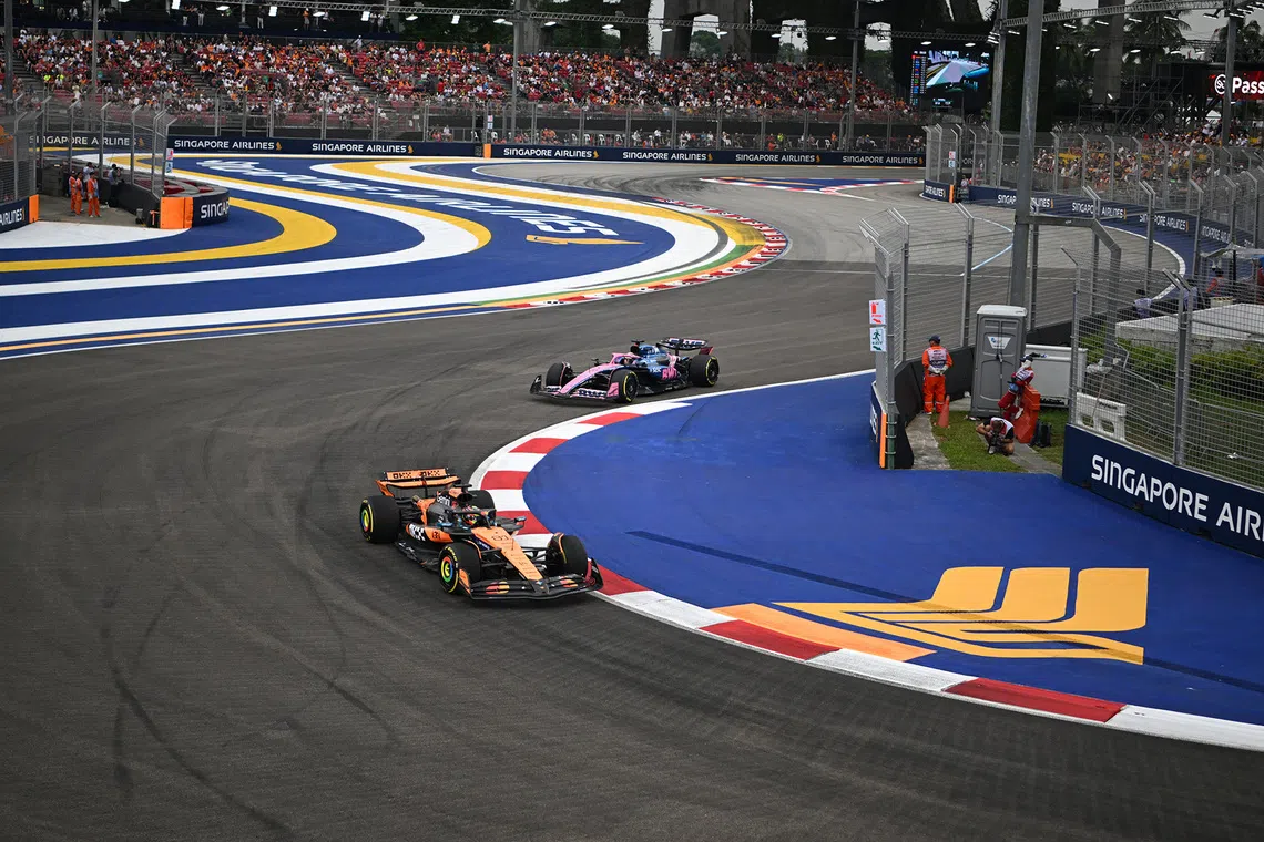 McLaren's Oscar Piastri and BWT Alpine's Pierre Gasly  during the final practice session of the 2025 Formula One Singapore Airlines Singapore Grand Prix at the Marina Bay Street Circuit on Oct 4, 2025.