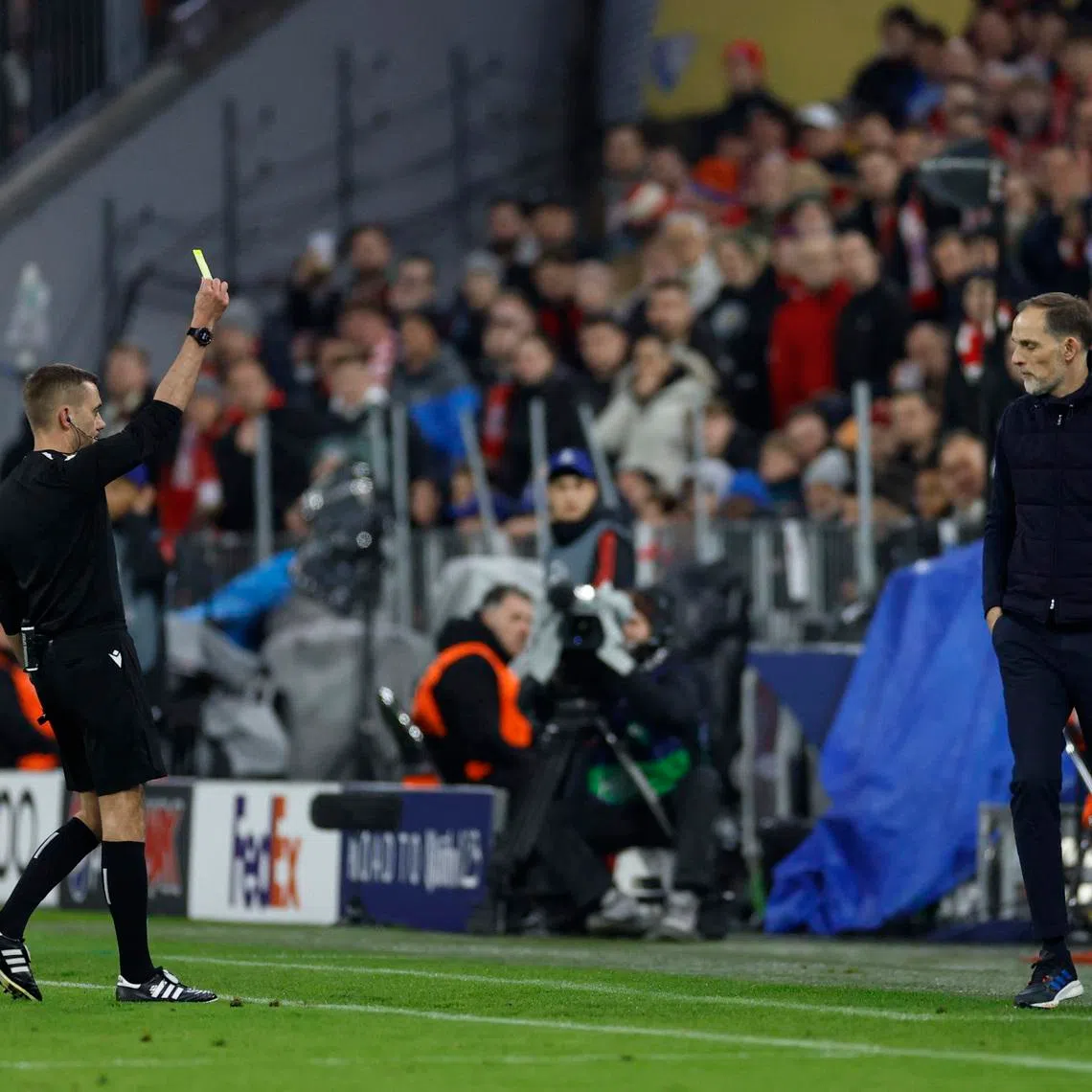 On April 19, 2023 Bayern Munich coach Thomas Tuchel  is shown a yellow card by referee Clement Turpin during their Champions League match against Manchester City. 