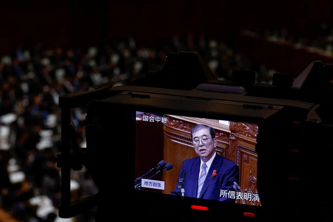 Japan Prime Minister Shigeru Ishiba delivers his first policy speech at the Lower House of Parliament in Tokyo on Oct 4.