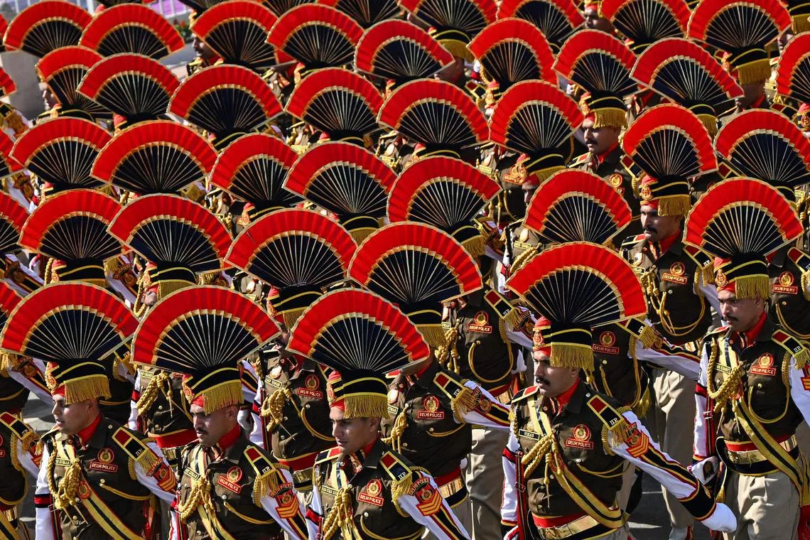Indian soldiers marching during the country's 76th Republic Day parade in New Delhi on Jan 26, 2025. 