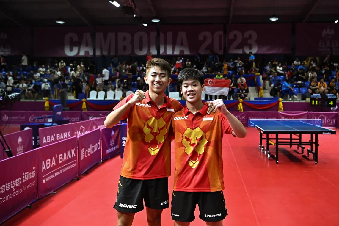 Koen Pang (left_ and Izaac Quek helped Singapore retain the table tennis men's doubles title at the SEA Games in Cambodia.