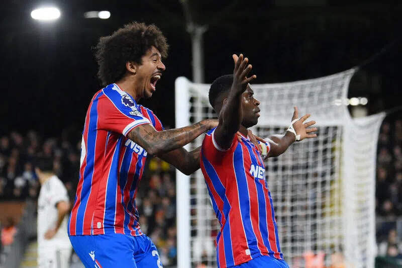 Crystal Palace's Marc Guehi celebrates scoring their second goal with Chris Richards.