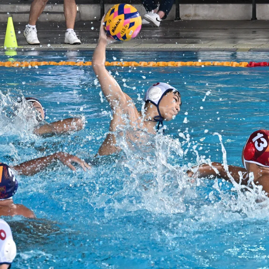 Singapore Sports School's captain Matthias Goh scored seven of his team's nine goals at the B Division boys water polo final at Our Tampines Hub on Apr 17, 2024. 