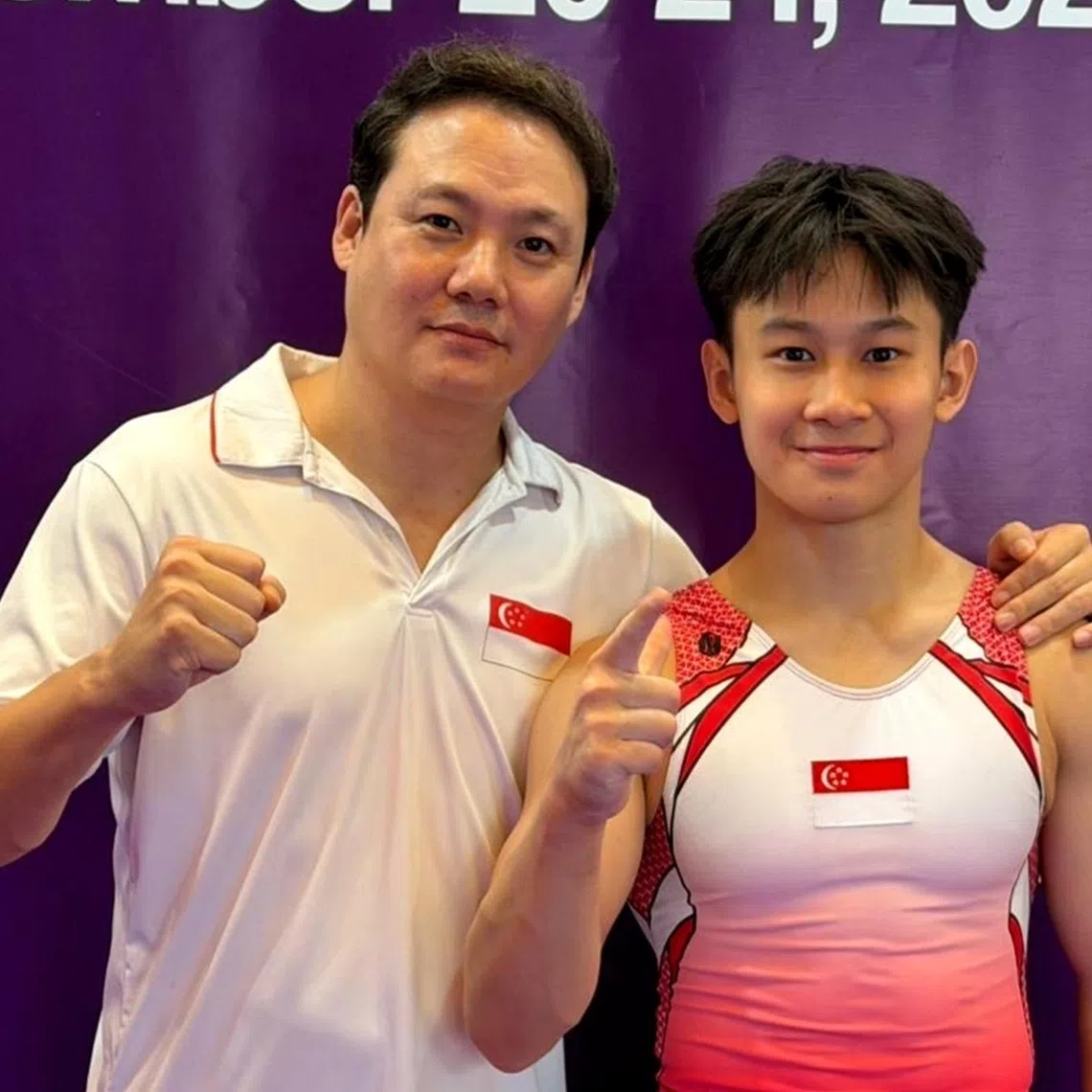 Singapore Gymnastics national coach Park Gi-yong with Jovi Loh at the Junior World Championships in the Philippines.