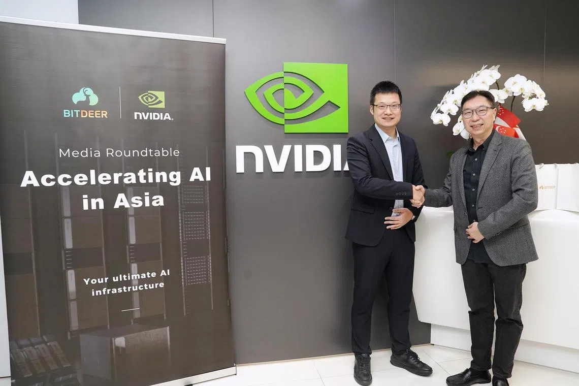 (left to right) Singapore-based Bitdeer Technologies Group chief executive Matt Kong Linghui and American AI chip giant Nvidia's senior director for enterprise business for Asean, Australia and New Zealand, Dennis Ang, announced their partnership to boost artificial intelligence (AI) computing power in Asia.



Credit : Bitdeer Technologies Group