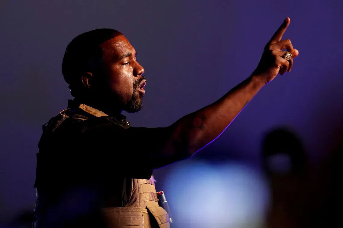 FILE PHOTO: Rapper Kanye West makes a point as he holds his first rally in support of his presidential bid in North Charleston, South Carolina, U.S. July 19, 2020.  REUTERS/Randall Hill/File Photo