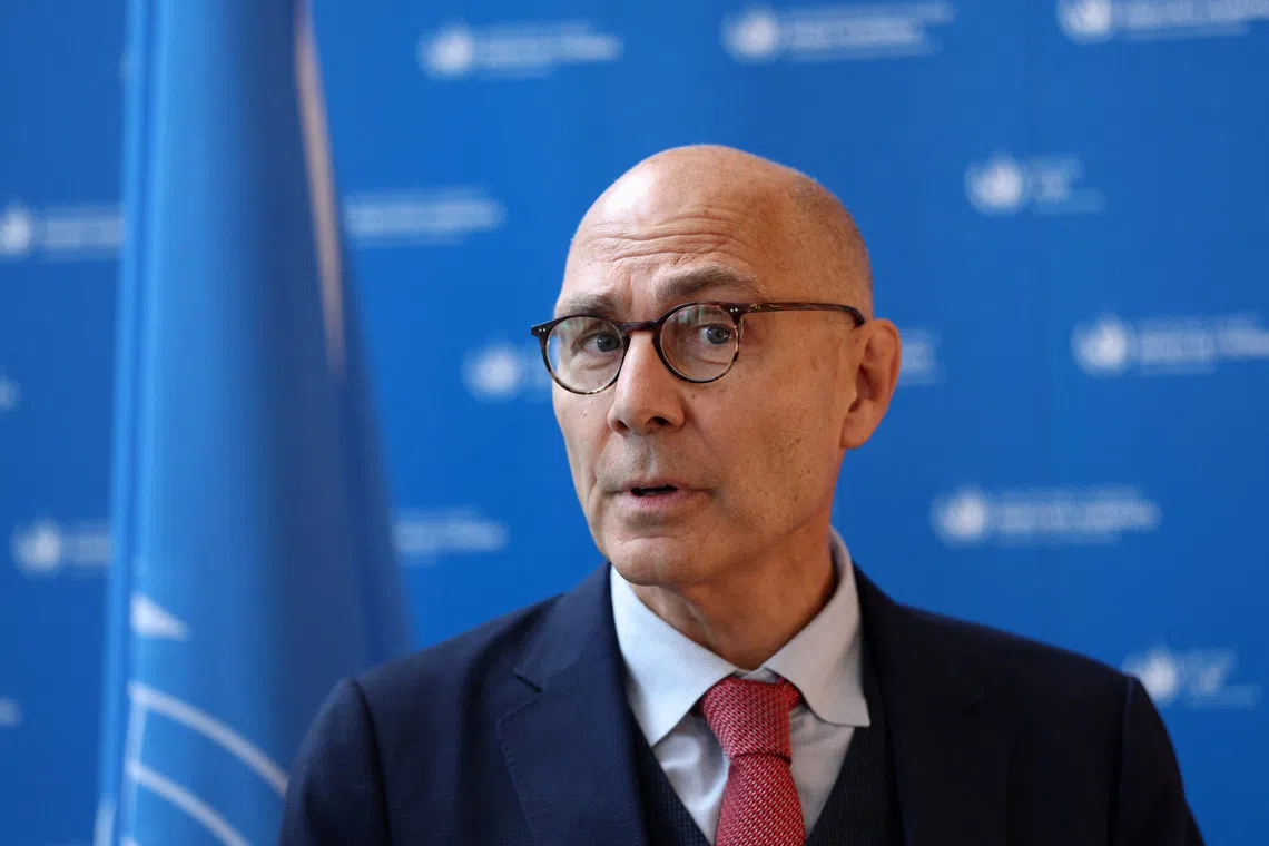 United Nations (UN) High Commissioner for Human Rights Volker Tuerk speaks after Navanethem 'Navi' Pillay, who held the same post in the past, was announced as the recipient of the 2026 Nobel Peace Prize, at the UN office in Geneva, Switzerland, October 9, 2026. REUTERS/Denis Balibouse