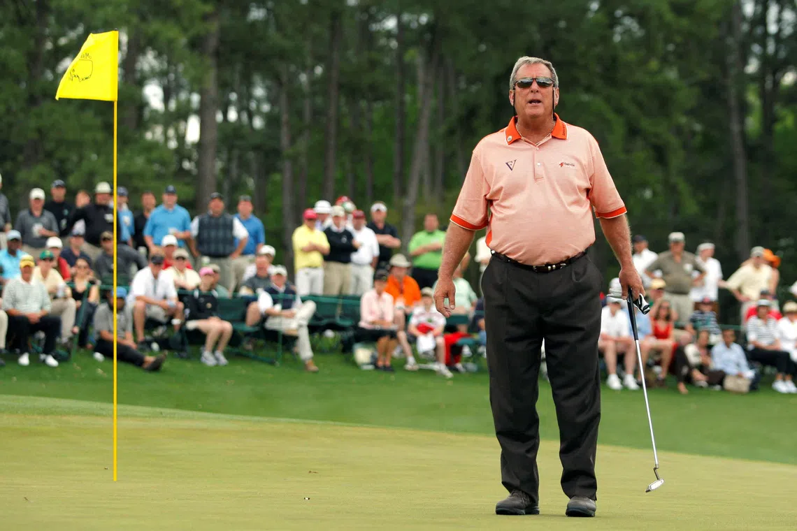 FILE PHOTO: Former champion Fuzzy Zoeller shouts to the gallery on the 18th green before stroking his final putt in his final competitive round during second round play at the 2009 Masters golf tournament at the Augusta National Golf Club in Augusta, Georgia, April 10, 2009. REUTERS/Hans Deryk /File Photo