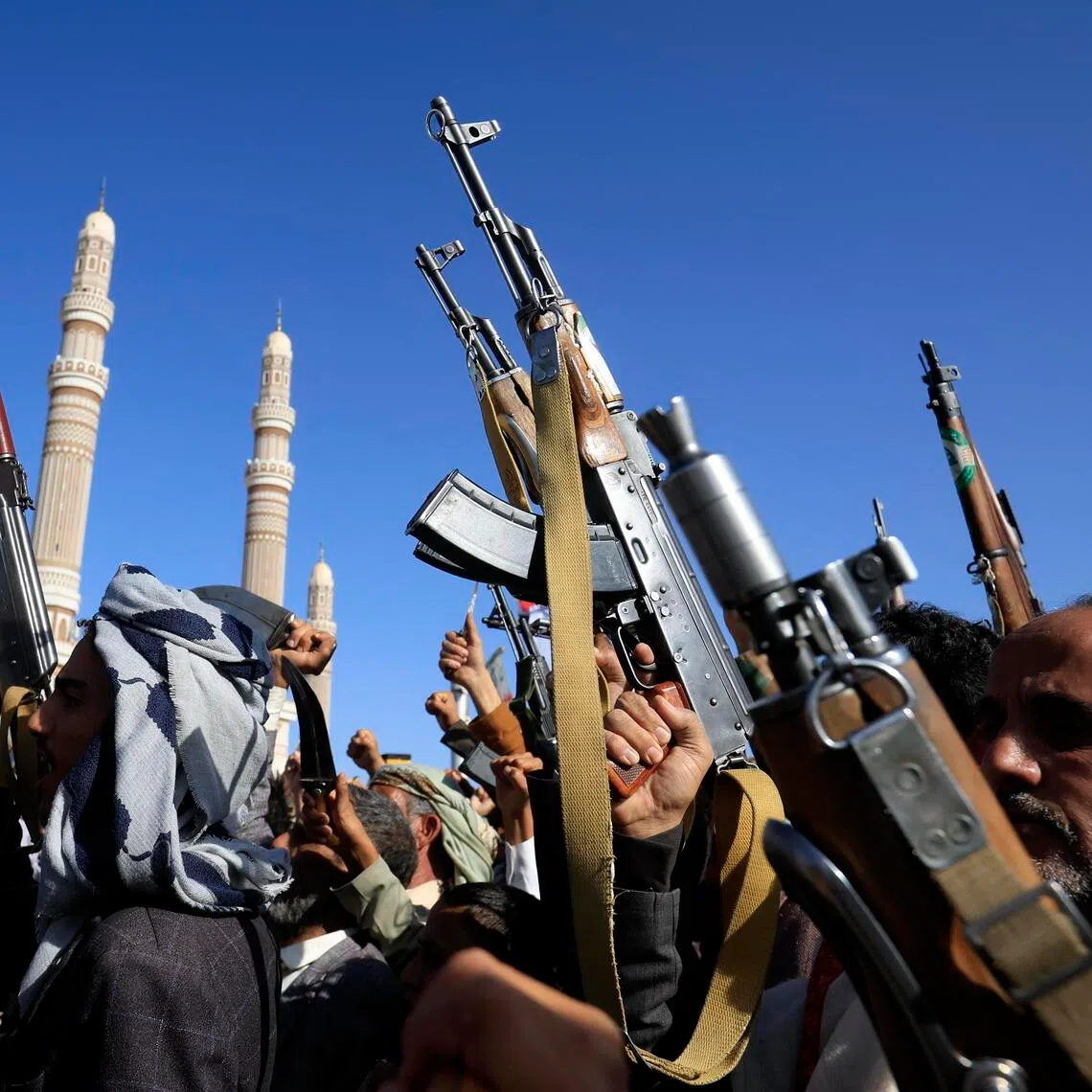 Supporters of Yemen’s Iran-backed Houthi militants holding up weapons during a protest against Saudi Arabia, in Sana’a, Yemen, on Oct 9. Yemen’s Houthis have escalated their strikes against the kingdom.