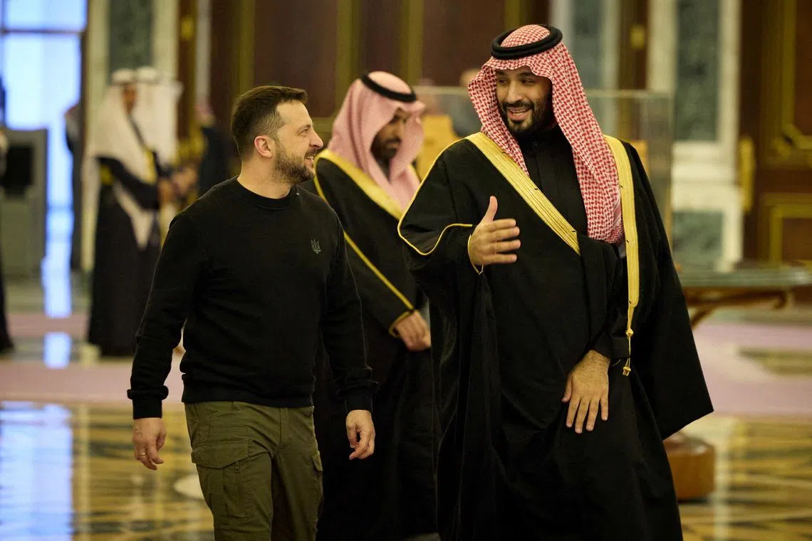 Ukrainian President Volodymyr Zelensky (left) meeting Saudi Crown Prince Mohammed bin Salman, in Riyadh, in February 2024.