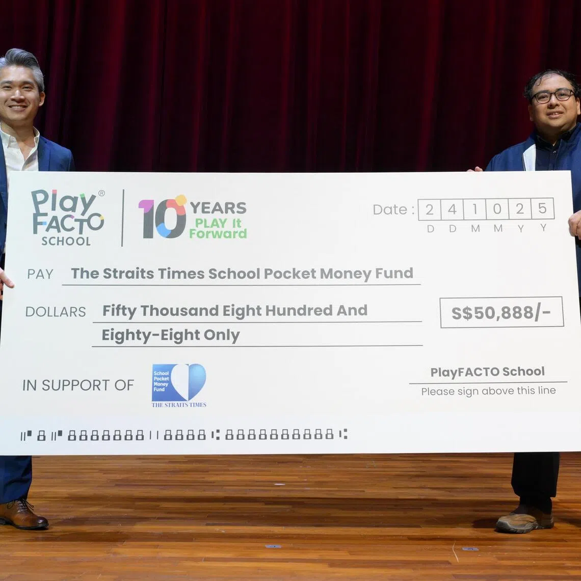 PlayFACTO launches a special Corporate Social Responsibility (CSR) campaign in support of The Straits Times School Pocket Money Fund (STSPMF) on Oct 24, 2025. Founder and CEO of PlayFACTO school presenting a cheque to associate editor of The Straits Times, Zakir Hussain.