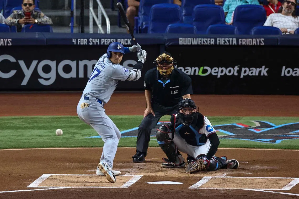 The Los Angeles Dodgers' Shohei Ohtani at bat in the first inning during the game against Miami Marlins at Loan Depot Park in Miami on Sept 19.