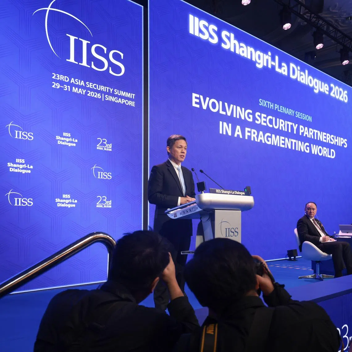 Defence Minister Chan Chun Sing speaking at a Shangri-La Dialogue plenary session on May 31.