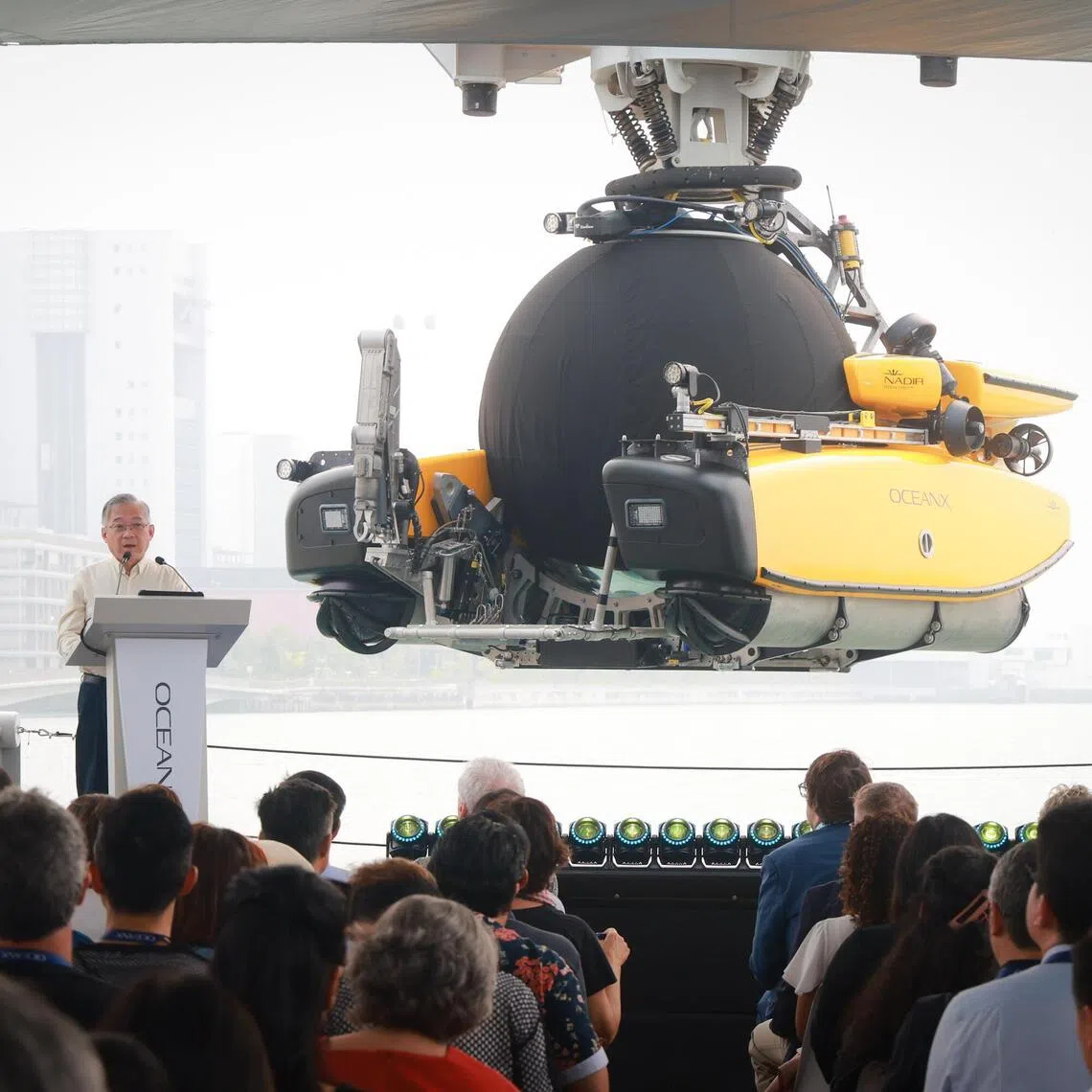 Deputy Prime Minister Gan Kim Yong speaking at the OceanX Summit aboard the OceanXplorer research vessel berthed at the Marina at Keppel Bay on Oct 7.