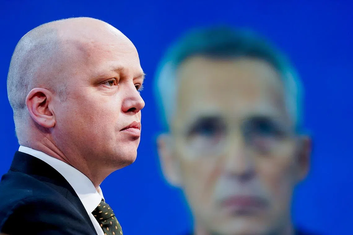 FILE PHOTO: Norway's Finance Minister Trygve Slagsvold Vedum presents NATO Secretary General Jens Stoltenberg as Norway's new central bank chief at a news conference in Oslo, Norway February 4, 2022. Terje Bendiksby/NTB via REUTERS/File Photo
