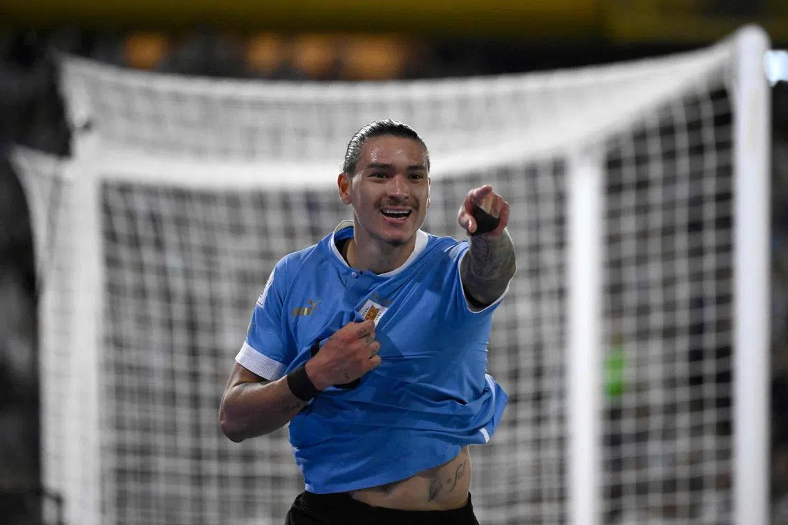 Uruguay forward Darwin Nunez celebrates after scoring during the second goal in the 2-0 win over Argentina.