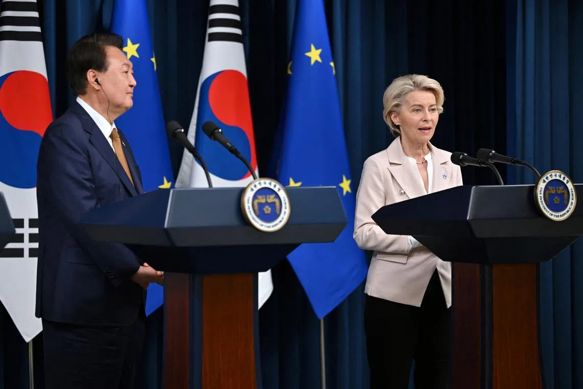 Ursula von der Leyen, President of the European Commission, speaks as South Korea's President Yoon Suk Yeol looks on during a joint press briefing after their meeting at the Presidential Office in Seoul on May 22, 2023.  JUNG YEON-JE/Pool via REUTERS/File Photo