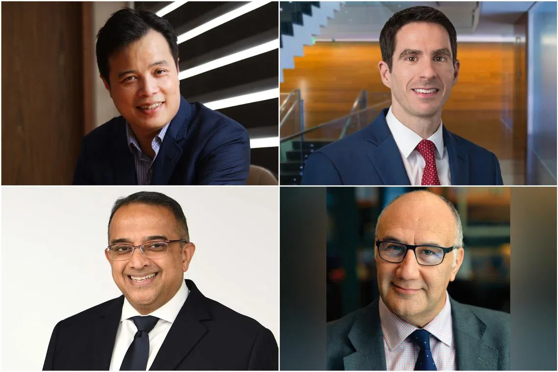 (Clockwise from top left) Founder of Azure Capital Terence Wong, co-CEO of Dimensional Fund Advisors Gerald O’Reilly, Franklin Templeton Institute investment strategist Kim Catechis and executive director of investment strategy at OCBC bank Vasu Menon.