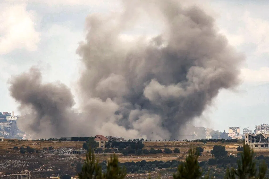 Smoke rises from an Israeli bombardment near the village of Kfar Tibnit in southern Lebanon on June 14, 2026.

