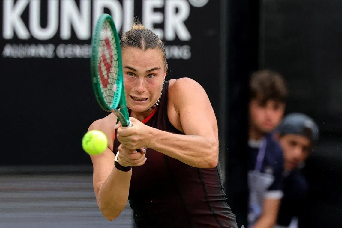 Tennis - WTA 500 - Berlin Open - Steffi Graf Stadium, Berlin, Germany - June 20, 2026  Belarus' Aryna Sabalenka in action during her semi final match against Jessica Pegula of the U.S. REUTERS/Fabrizio Bensch