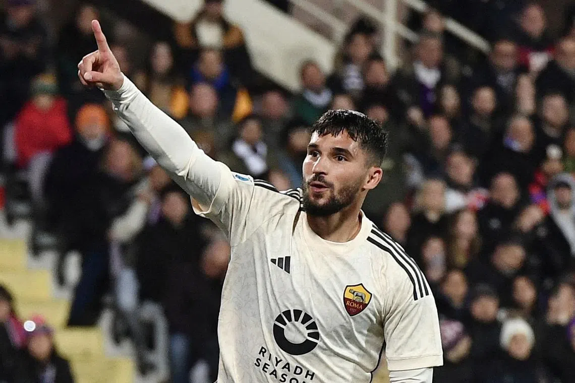 FILE PHOTO: Soccer Football - Serie A - Fiorentina v AS Roma - Stadio Artemio Franchi, Florence, Italy - March 10, 2024 AS Roma's Houssem Aouar celebrates scoring their first goal REUTERS/Jennifer Lorenzini/File Photo