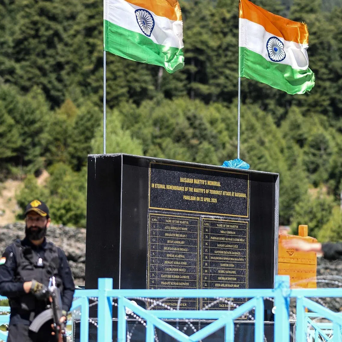Indian national flags at the memorial site for the victims of the 2025 terror attack in Pahalgam in south Kashmir's Anantnag district on April 22. India blamed Pakistan for backing the attack.