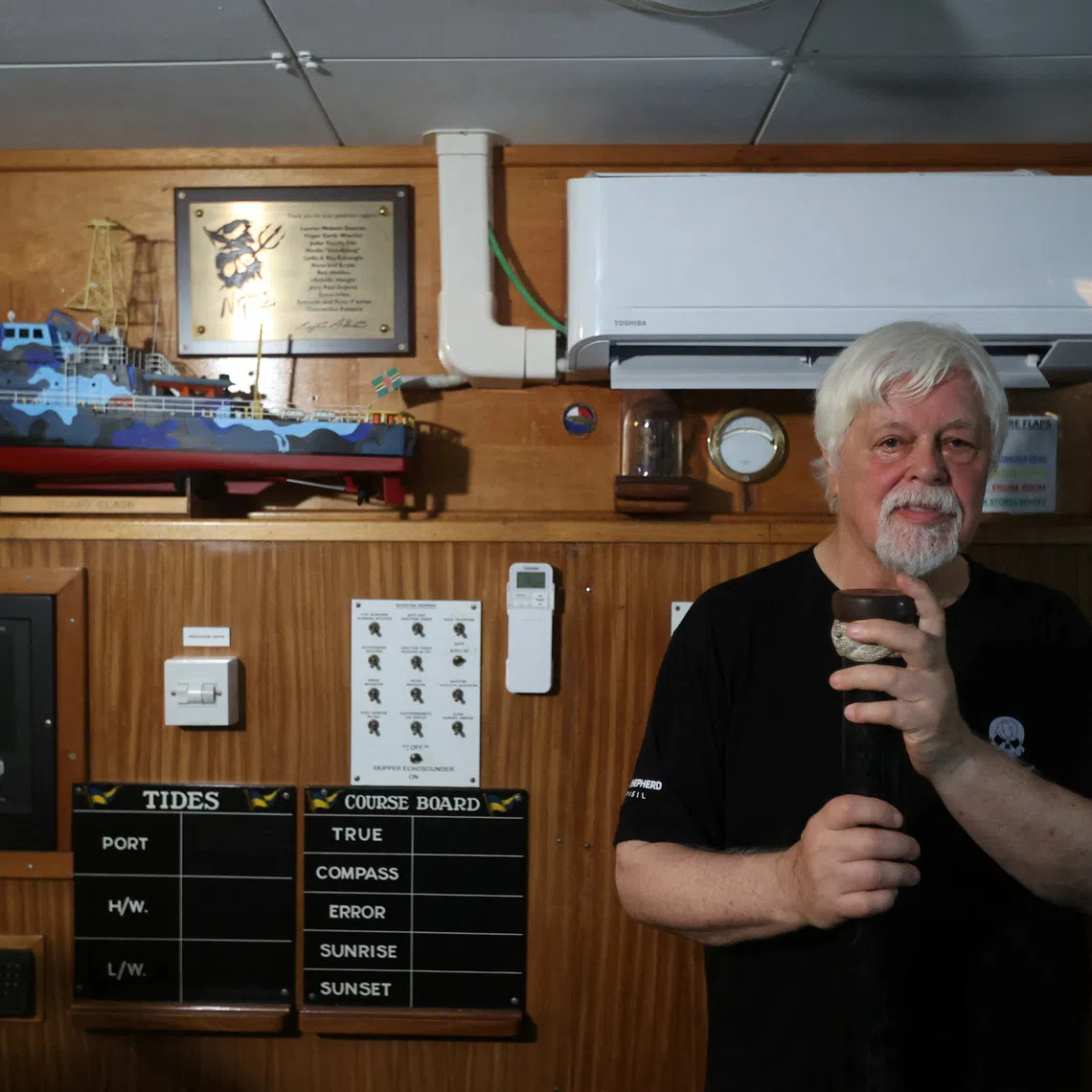 Anti-whaling activist Paul Watson, founder of the Sea Shepherd Conservation Society and the Captain Paul Watson Foundation, attends an interview with Reuters onboard his ship, while he attends the U.N. Climate Change Conference (COP30) in Belem, Brazil November 12, 2025. REUTERS/Anderson Coelho