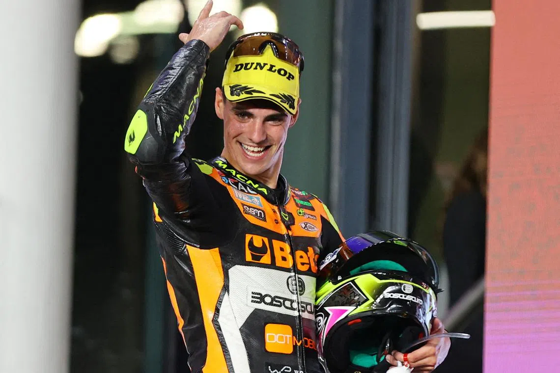 FILE PHOTO: MotoGP - Grand Prix of Qatar - Lusail International Circuit, Lusail, Qatar - November 19, 2023 CAG SpeedUp's Fermin Aldeguer celebrates after winning the Moto2 race REUTERS/Ibraheem Al Omari/File Photo