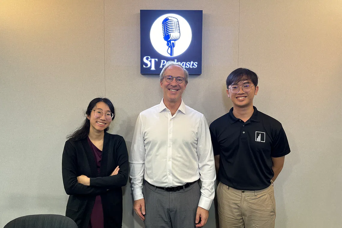 (From left) ST business correspondent Sue-Ann Tan, Associate Professor of Finance Matthew Dearth and NTU undergraduate Victor Tan at the ST podcast studio.