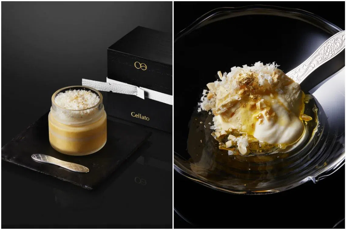 The ice cream's expensive elements include edible gold leaves, Parmigiano Reggiano cheese and sake lees.