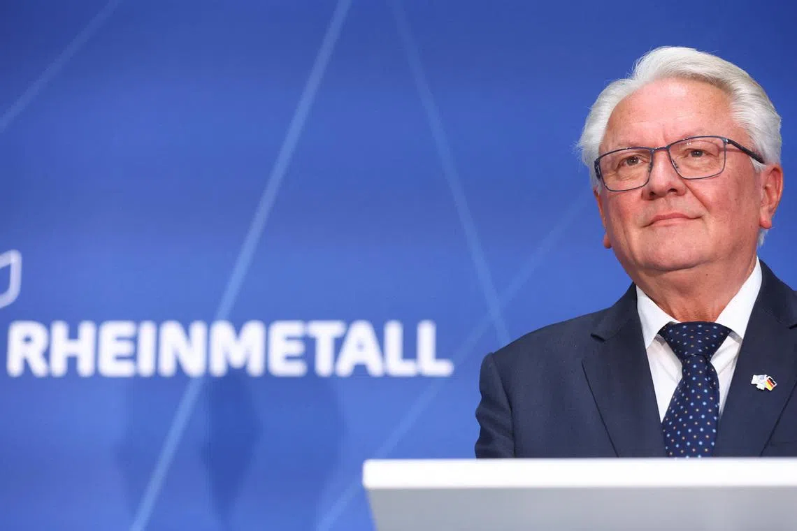 Armin Papperger, CEO of Germany's Rheinmetall AG, looks on as he visits the company's new F-35 fighter jet parts plant in Weeze, Germany, July 1, 2025. REUTERS/Thilo Schmuelgen