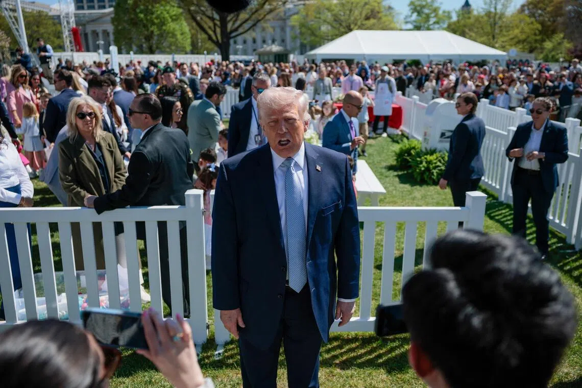 US President Donald Trump speaking to the media during the 2026 White House Easter Egg Roll at the White House on April 6.