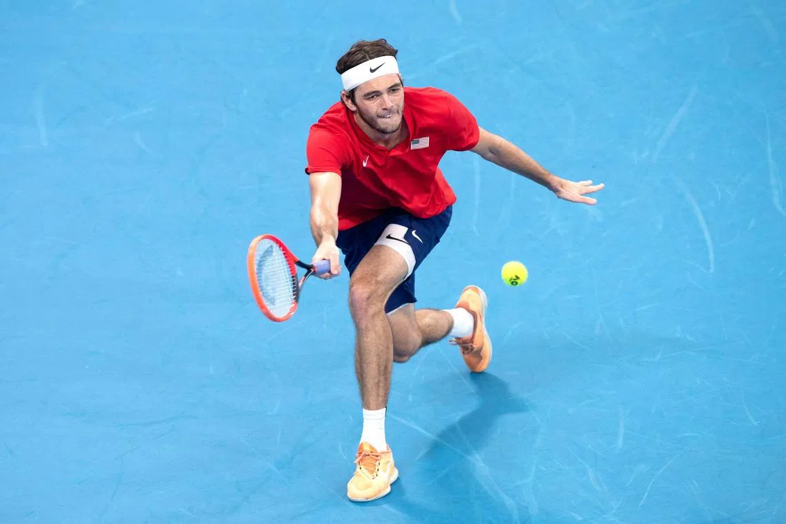 American Taylor Fritz hitting a return against Czech Republic’s Jiri Lehecka during their United Cup clash in Sydney on Dec 29.
