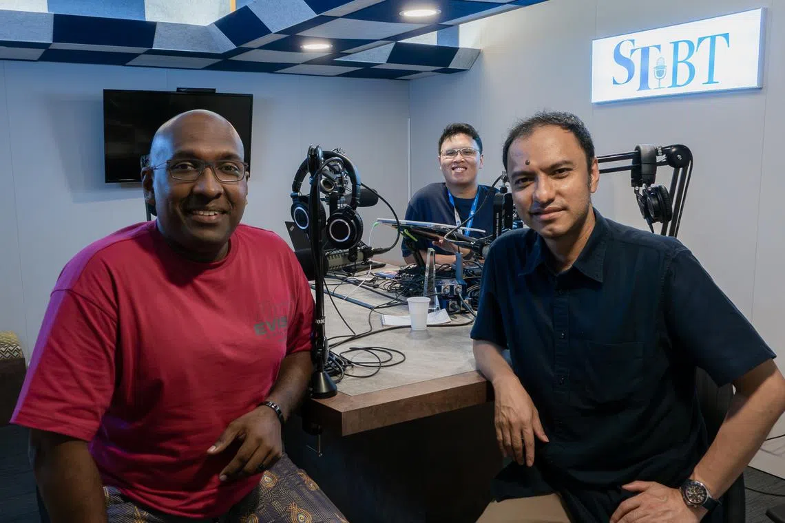 (From left to right): Mimrah Mahmood, Vice-president - Enterprise (APAC) and Partner at Meltwater Asia-Pacific, ST's Podcast Producer, Hadyu Rahim & ST's Podcast Editor, Ernest Luis in the podcast studio. 