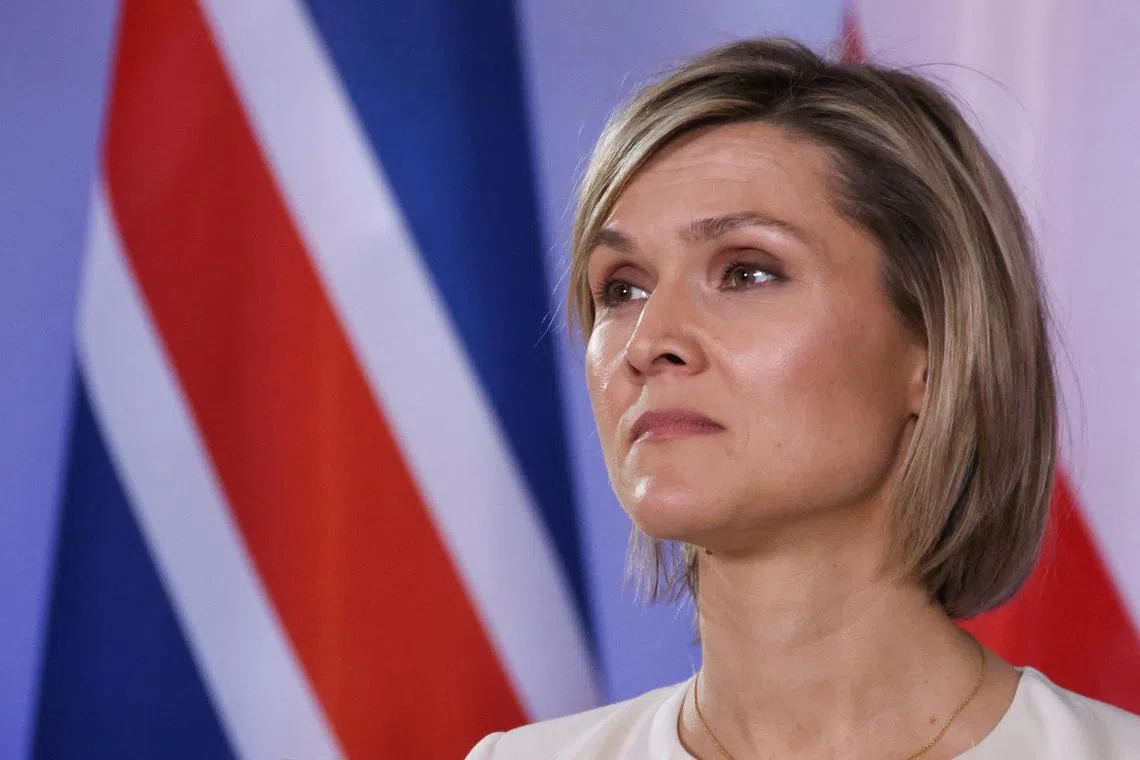 Iceland's Prime Minister Kristrun Frostadottir looks on during a press conference in Warsaw, Poland, February 25, 2026. REUTERS/Kuba Stezycki