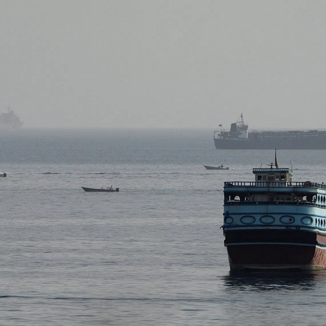 Vessels in the Strait of Hormuz, as seen from Musandam, Oman, on Aug 3.