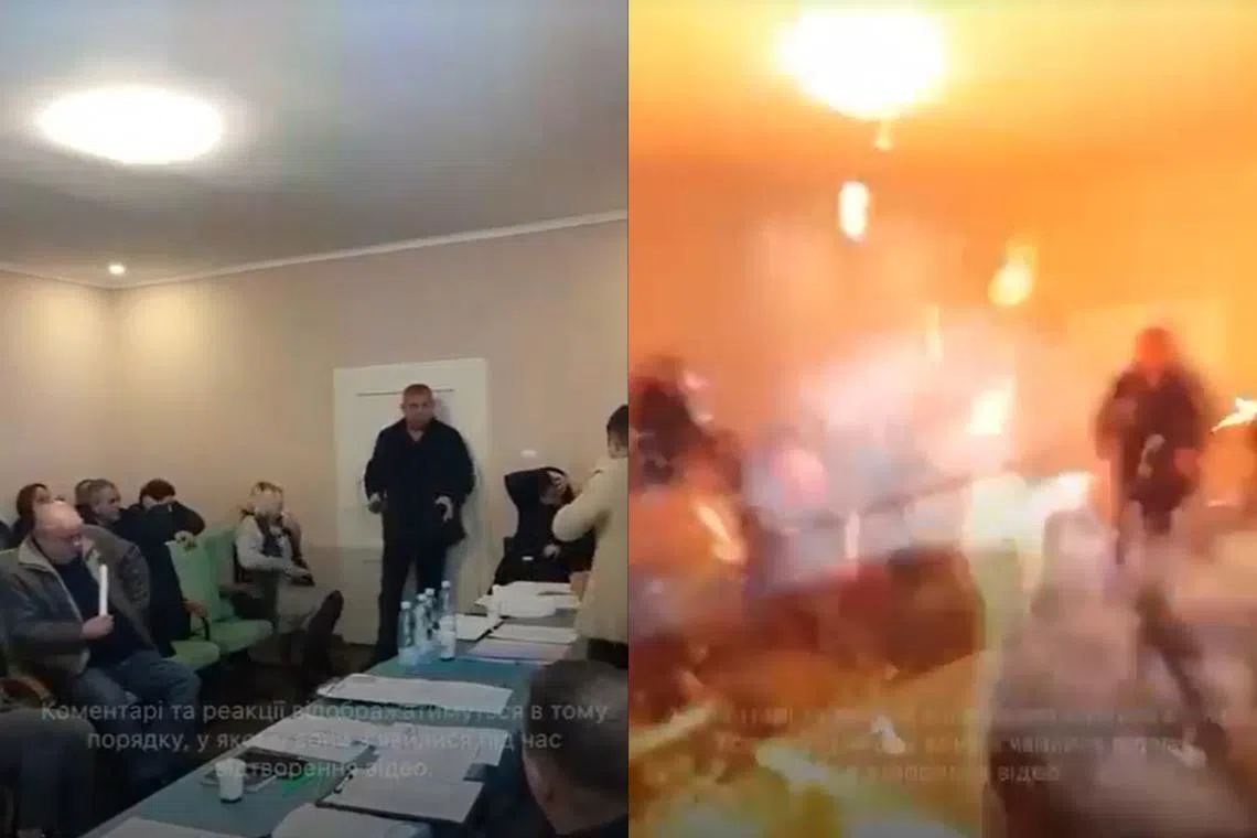 A man in black joined the meeting before pulling three hand grenades from his pockets, releasing the safety pins and dropping them on the floor. 