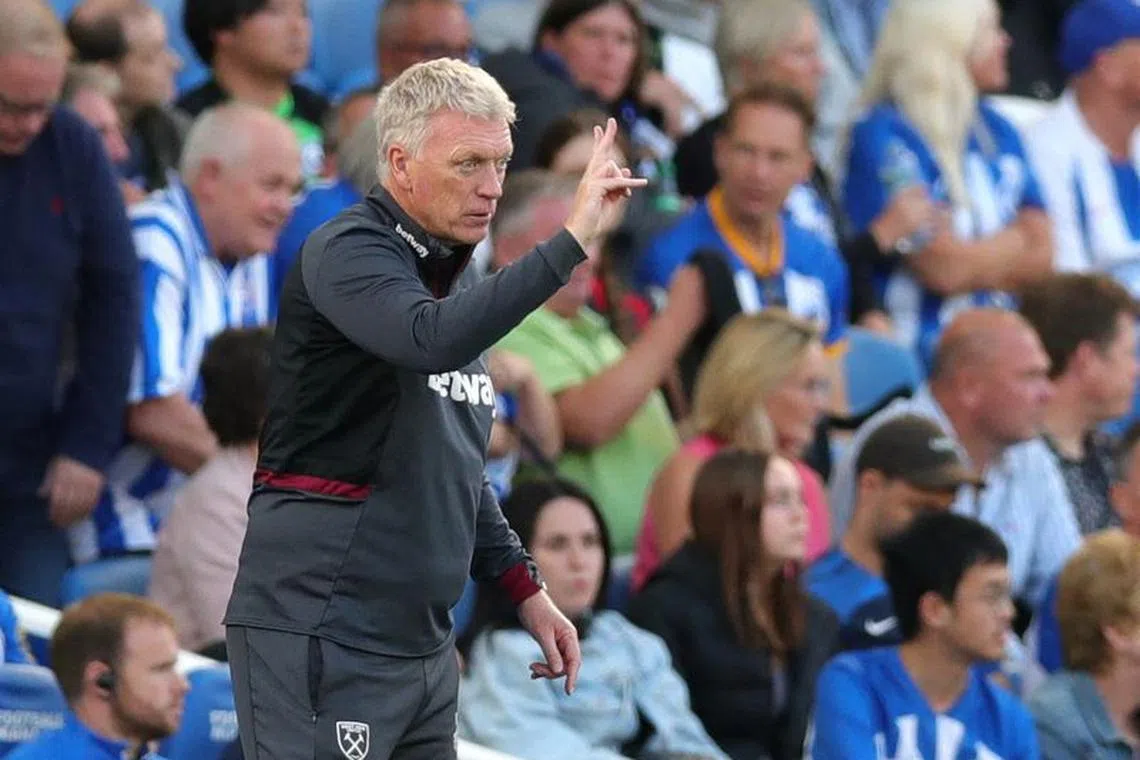 Soccer Football - Premier League - Brighton & Hove Albion v West Ham United - The American Express Community Stadium, Brighton, Britain - August 26, 2023 West Ham United manager David Moyes reacts REUTERS/Chris Radburn