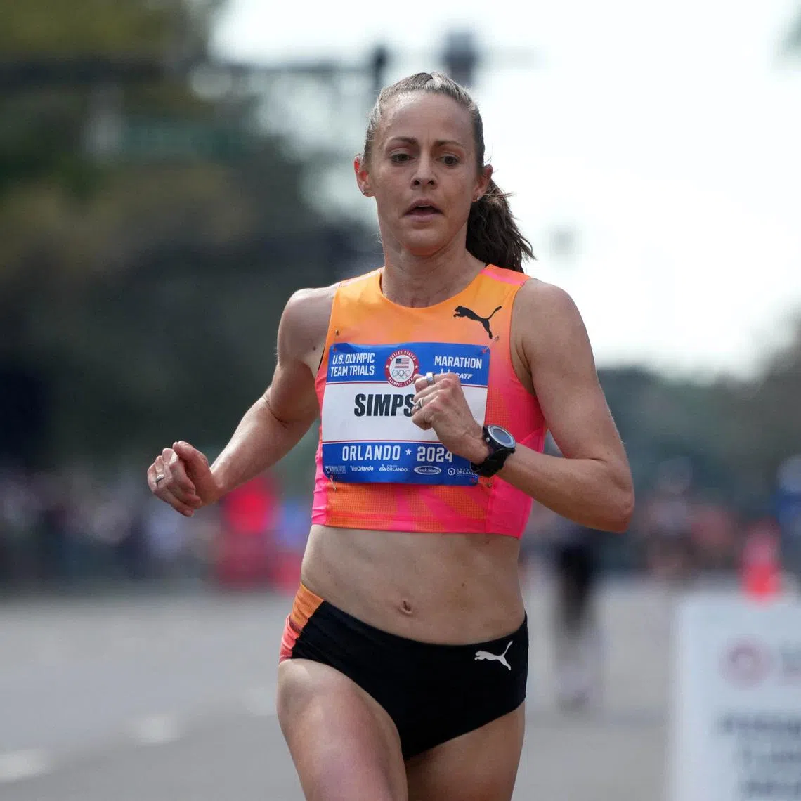 Feb 3, 2024; Orlando, FL, USA; Jenny Simpson runs in the women's race during the US Olympic Marathon Team Trials. Mandatory Credit: Kirby Lee-USA TODAY Sports