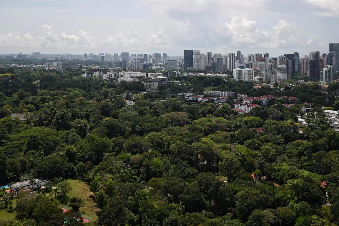 The Singapore skyline as seen from SkyVille @ Dawson HDB near Queenstown and Dawson on April 27, 2023.