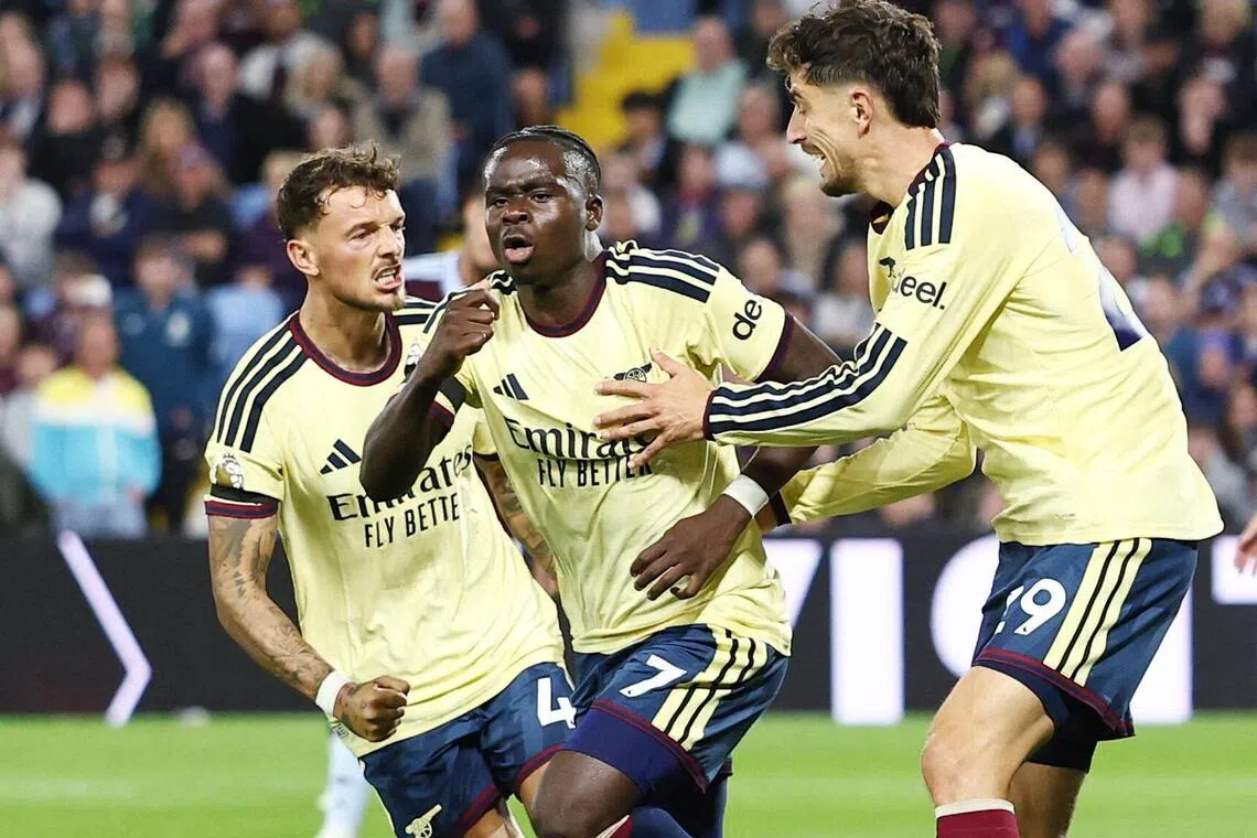 Bukayo Saka (centre) netted with a close-range finish in the second half at Villa Park to make it two successive victories at the start of the season for Arsenal.